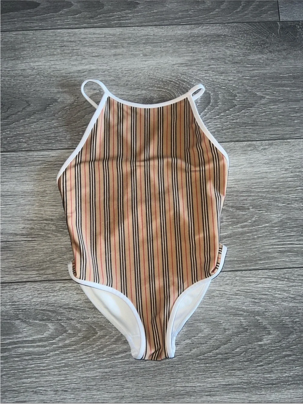 Burberry Kids Beige, Black and White Striped One-Piece Swimsuit